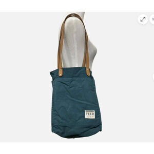 FEED Project Canvas Market Tote Shoulder Bag Teal Blue Leather Straps Cotton